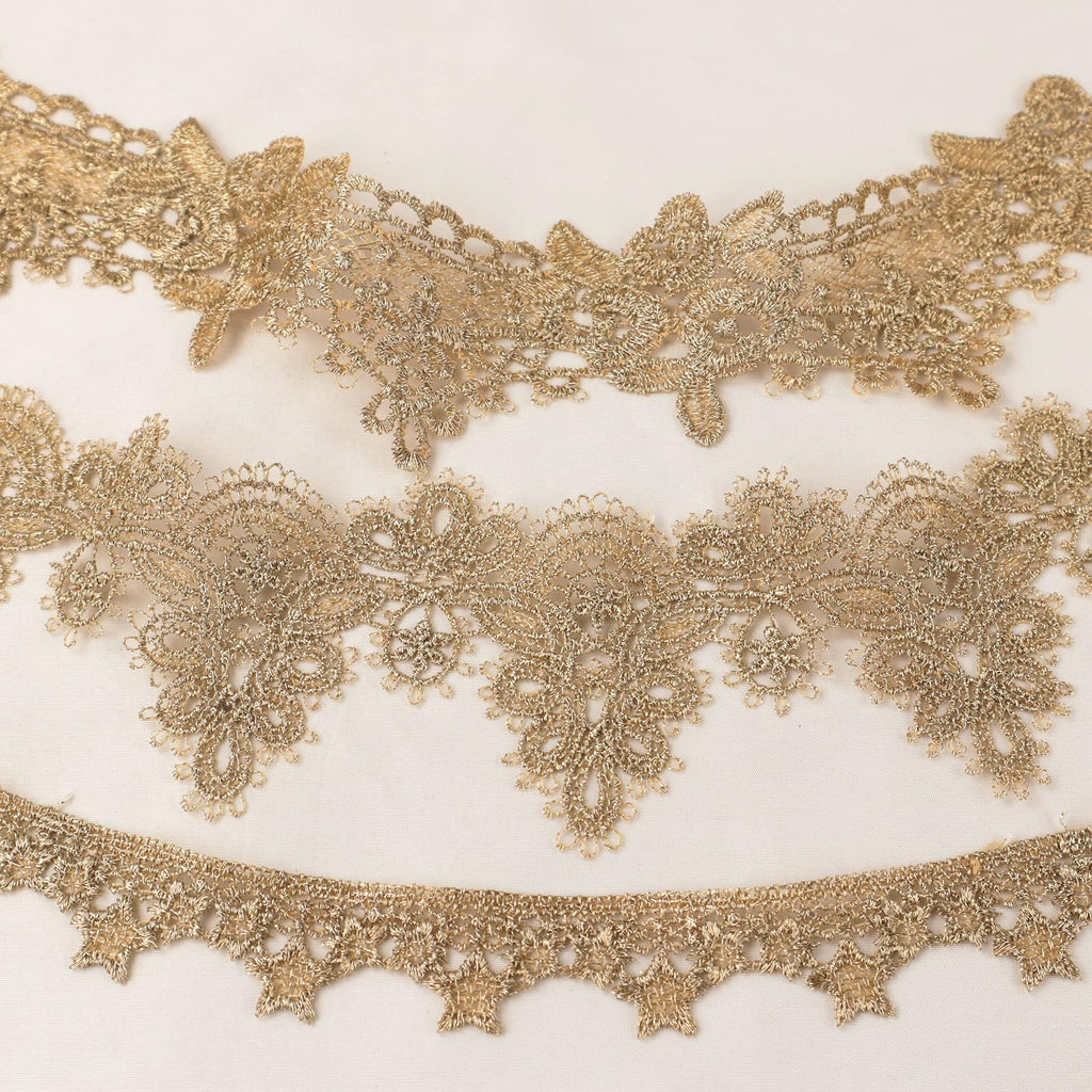 Gold Lace Trim 4.8 Yards Venice Gold Ribbon Metaillic Embroidery Lace Star Craft Lace for Sewing, Cake Fringe