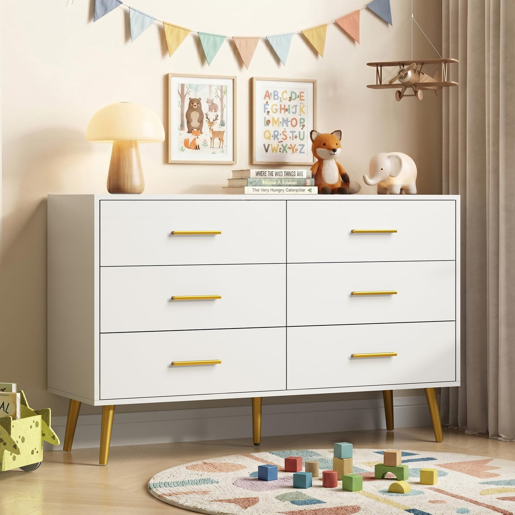 White 6 Drawer, 47" Wood with Gold Handles.