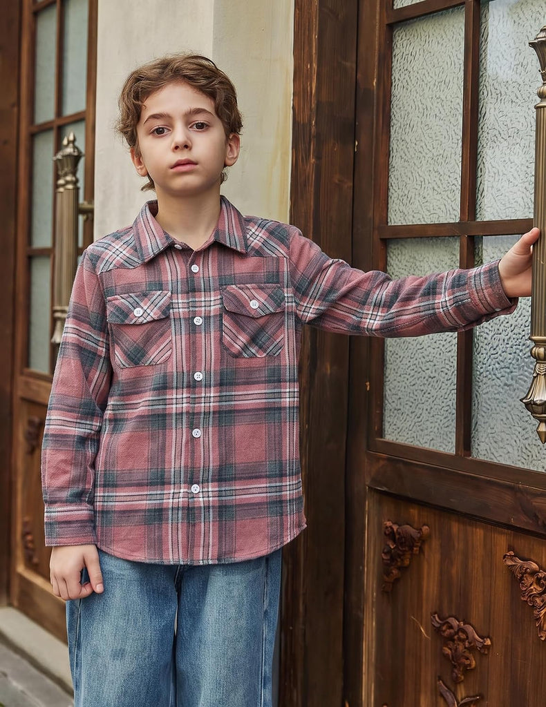Boys Flannel Plaid Shirt Long Sleeve Button Down Casual Shirts