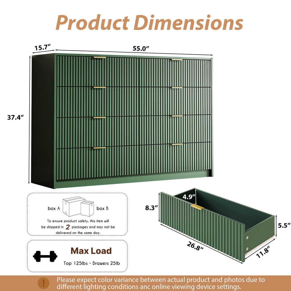 55" Wide Fluted 8-Drawer Double Dresser, Green
