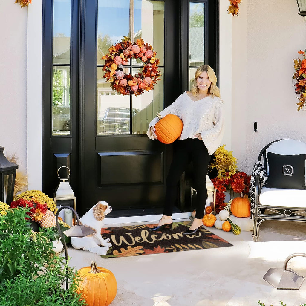Fall Welcome Doormat, 17 x 30 Inch Autumn Leaves Outdoor Mats