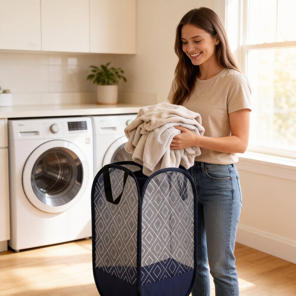 Extra Large Mesh Pop Up Laundry Hamper 2 Pack. Blue Travel Basket