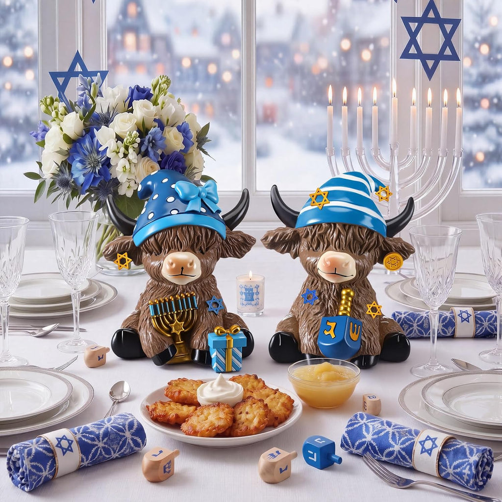 Highland Cow Figurines Resin, Hanukkah Decor Desk - Set of 2