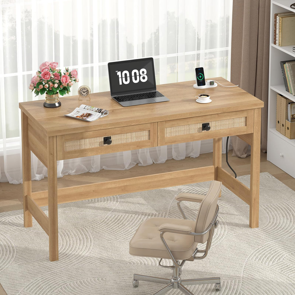 47 Inch Small Rattan Computer Desk with Drawers