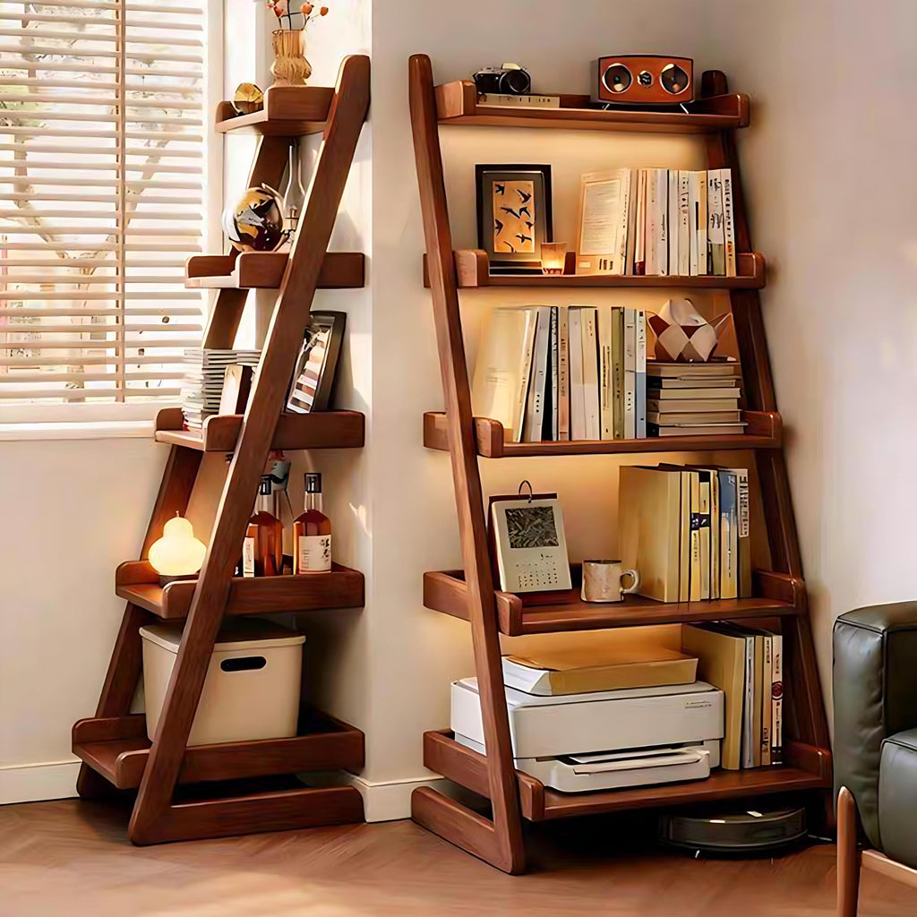 5 Tier Ladder Shelf, Ladder Bookshelf with Wood Frame, Modern Leaning Storage Organizer Bookcase with