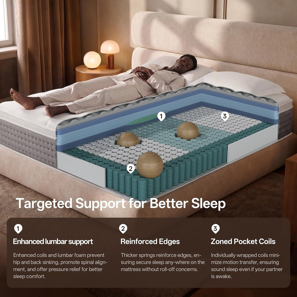 Queen Mattress, 12 Inch Hybrid Mattress with Memory Foam , Medium Firm, | Hybrid Comfort, Medium Zoned Support