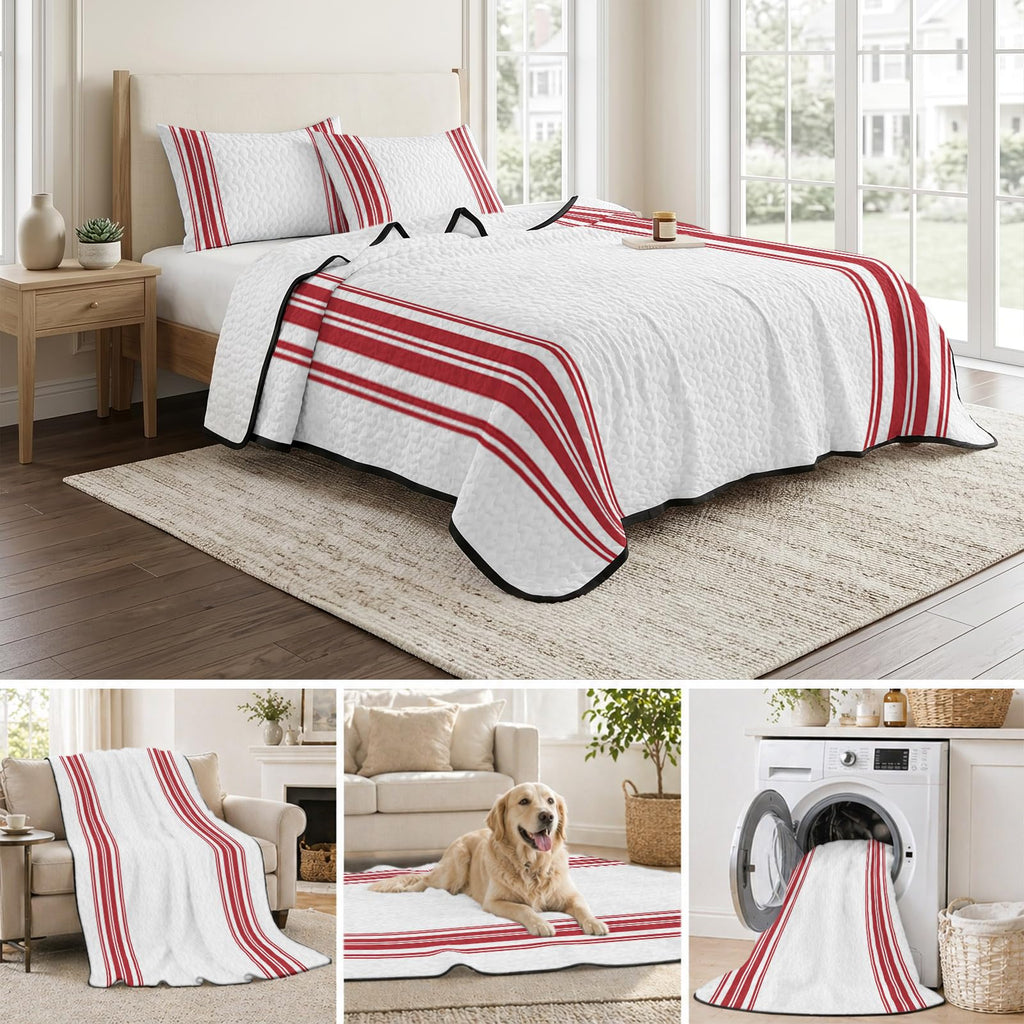 Quilt Set, 3 Piece Bedding Set Red Ticking Vertically Stripe Soft Lightweight Quilt with 2 Pillow