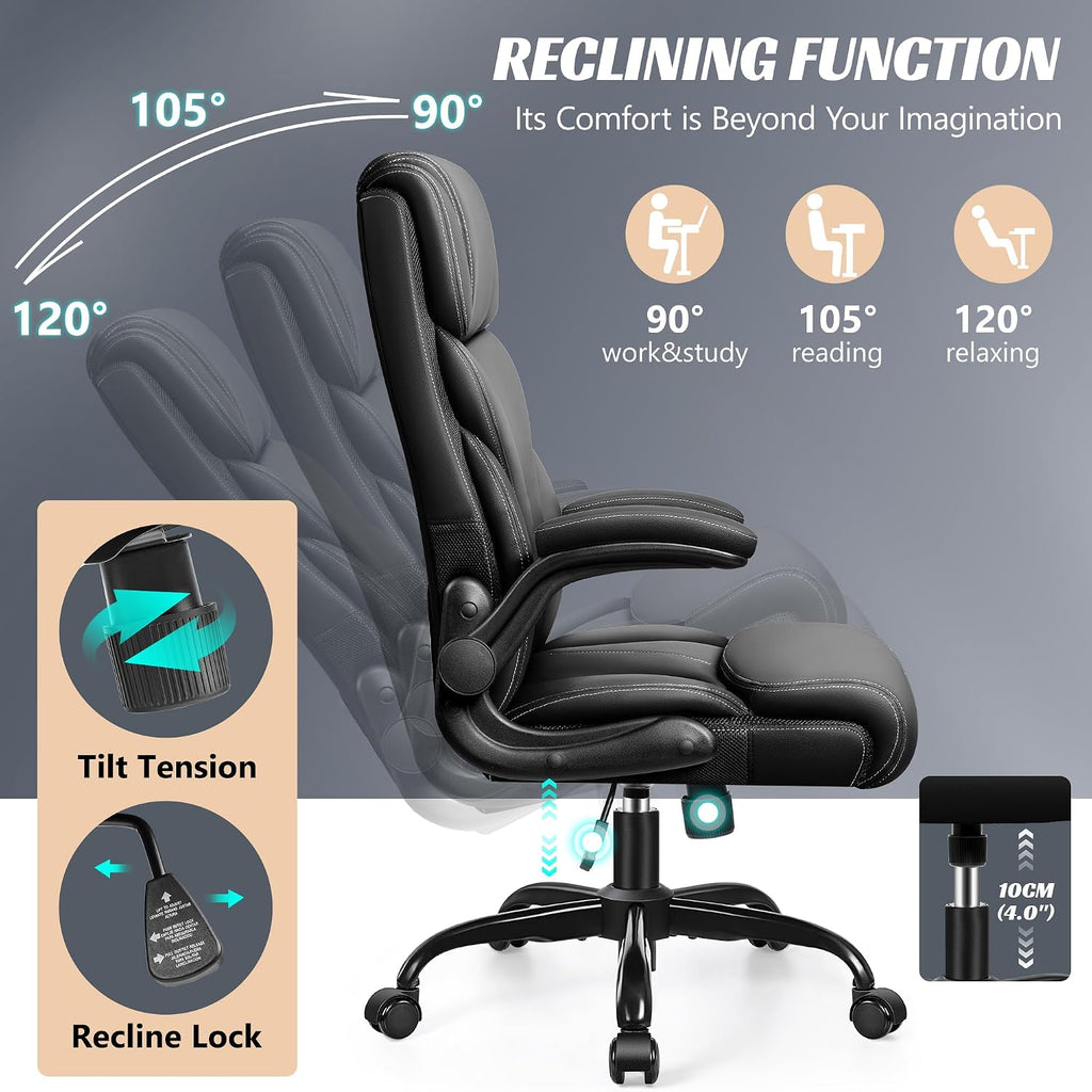 Ergonomic Big and Tall Computer Desk Chairs, Executive Breathable Leather Chair with Adjustable Flip-up Armrests
