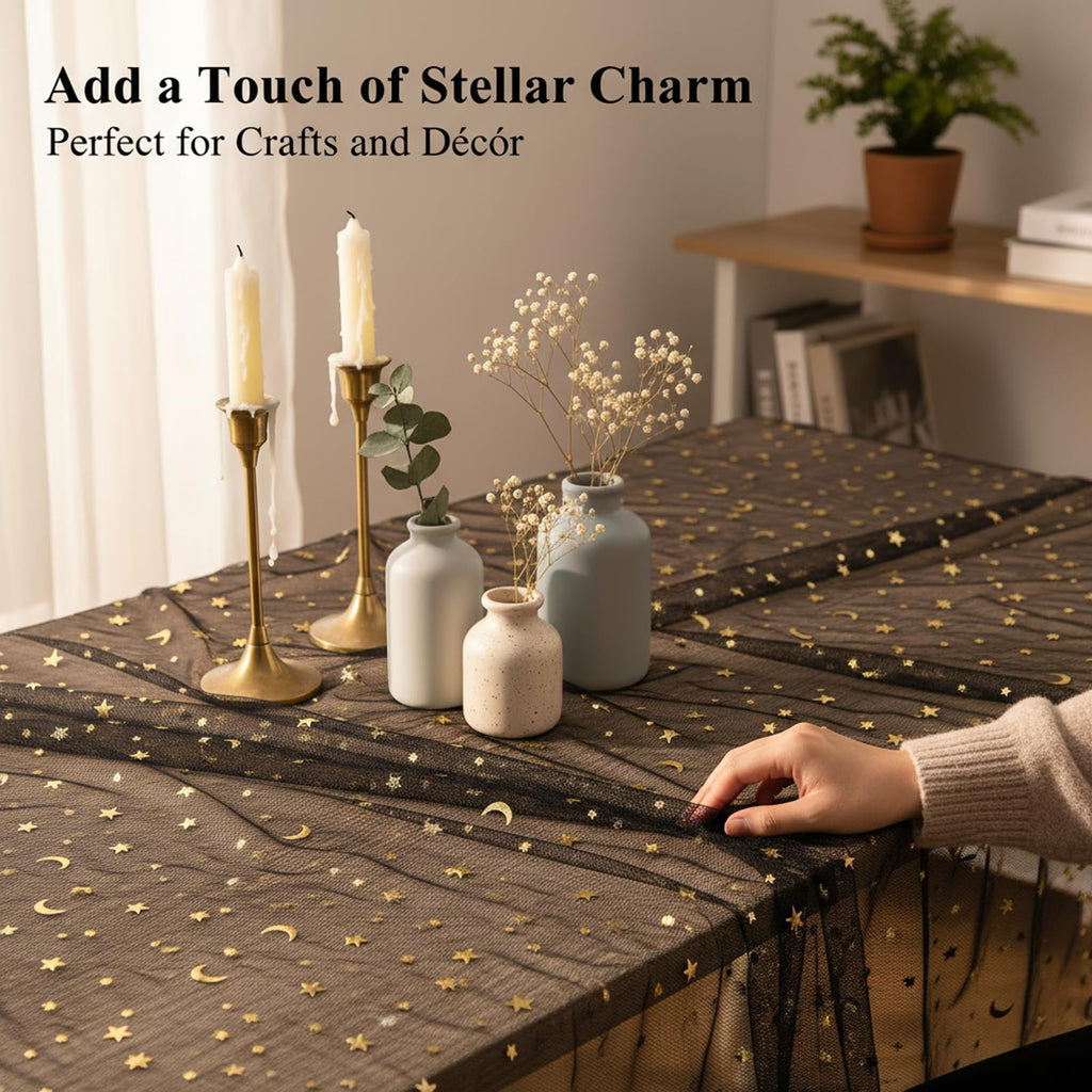 Glitter Tulle Fabric with Star Moon Sequin, 3 Yard x 59" Wide Rolls, Sparkly Sheer Material for Tutu Skirts &
