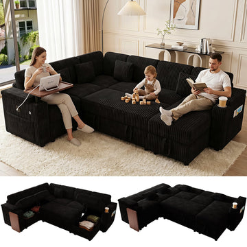 100" Convertible Sectional Sofa Bed, Pull Out Couch Bed with Storage Chaise, Table Board, USB Ports & Cup Holder