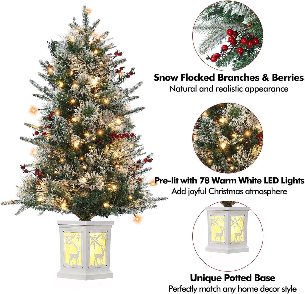 Pre-Lit Artificial Mini Christmas Tree, 3FT Small Flocked Christmas Tree