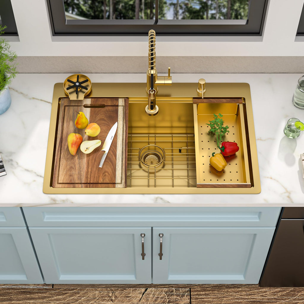 33"x22" Brushed Gold Drop Sink Ledge Workstation