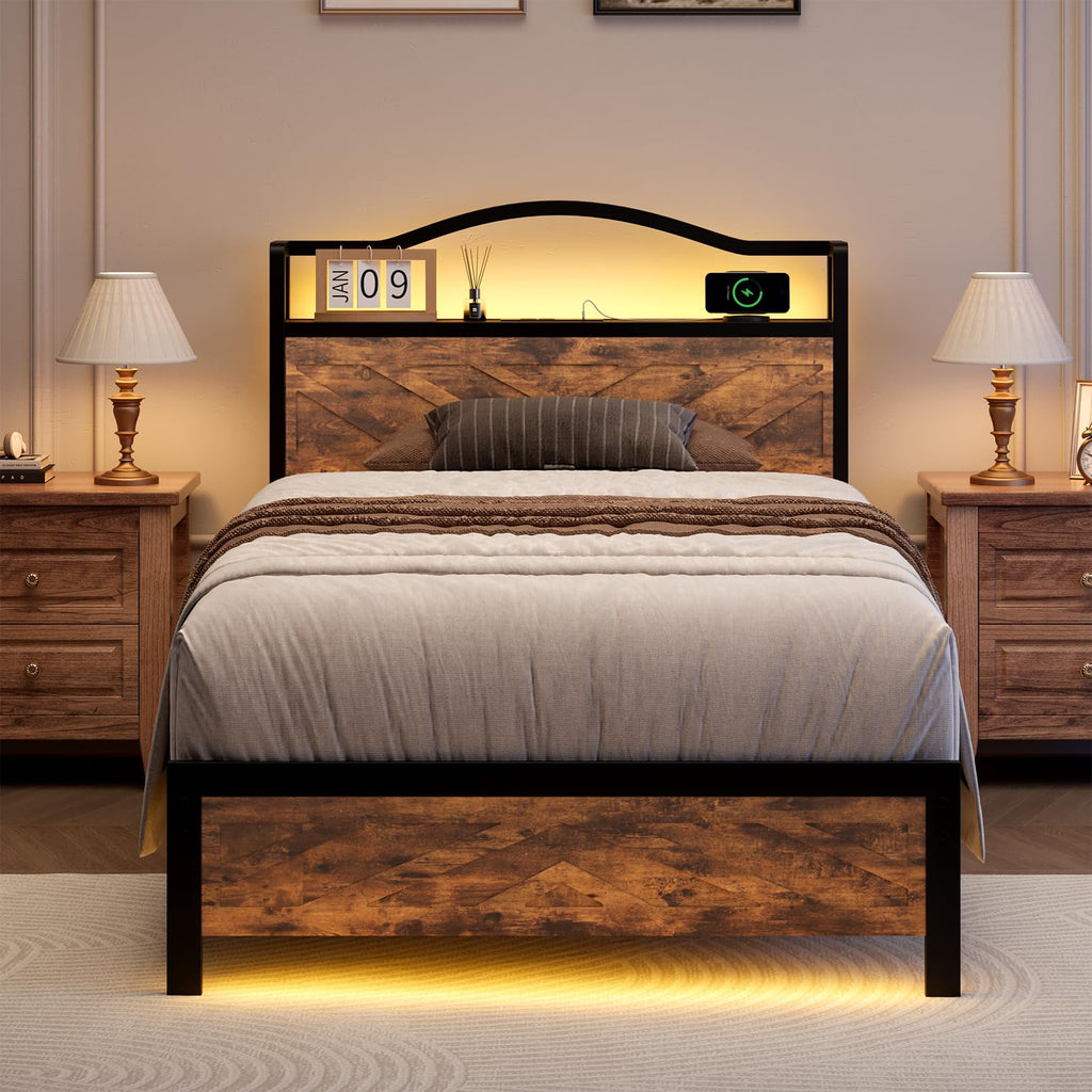 Bed Frame, Farmhouse Storage Headboard, LED Lights, Brown