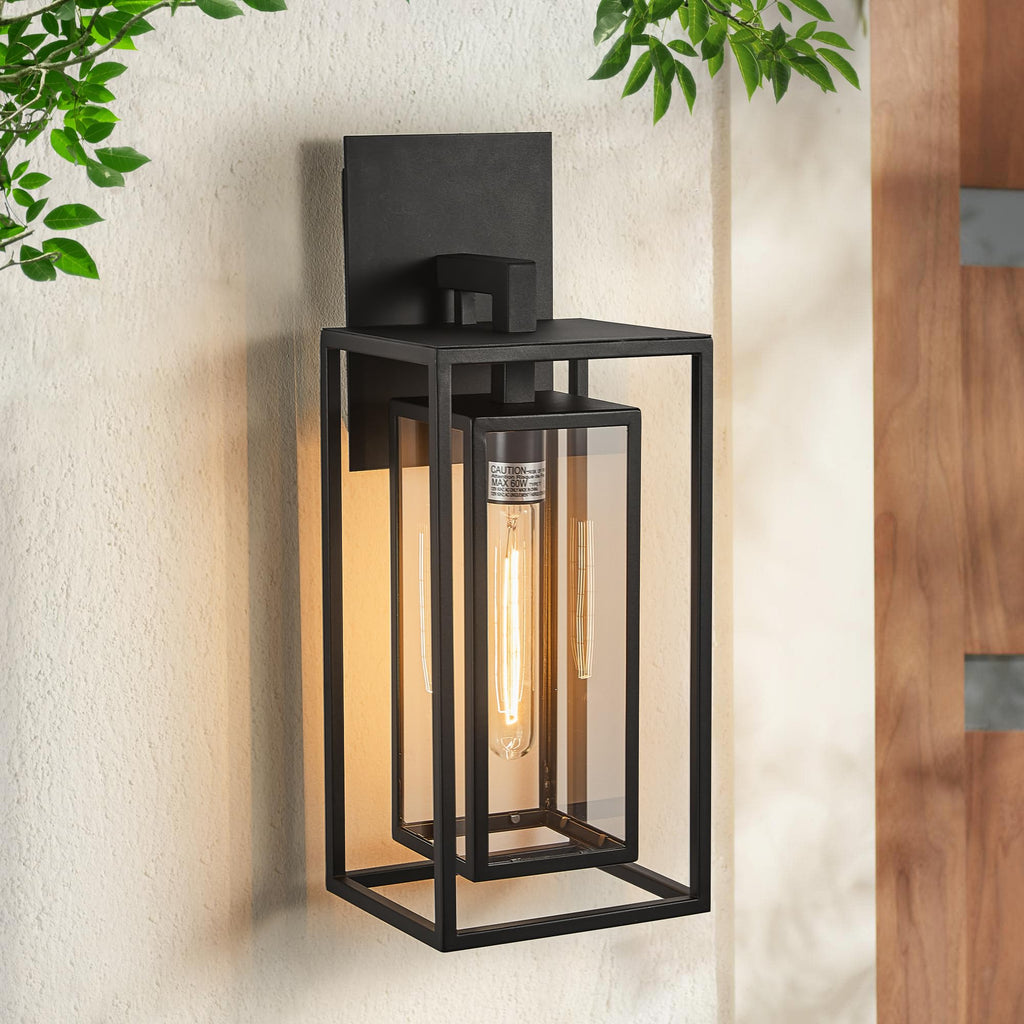 18"Ht Modern Industrial Outdoor Wall Light Fixture with Textured Black Anti-Rust Metal and Clear Glass, Wet Rated for
