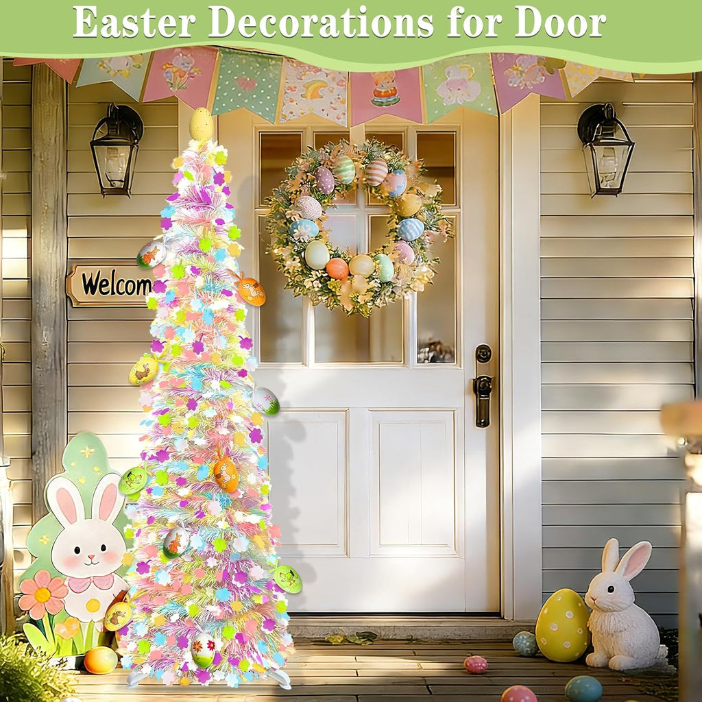 Timer - Easter Decorations, 5Ft Lighted Easter Tree with 50 LED Warm White Lights 12 Colorful Eggs Ornaments Battery