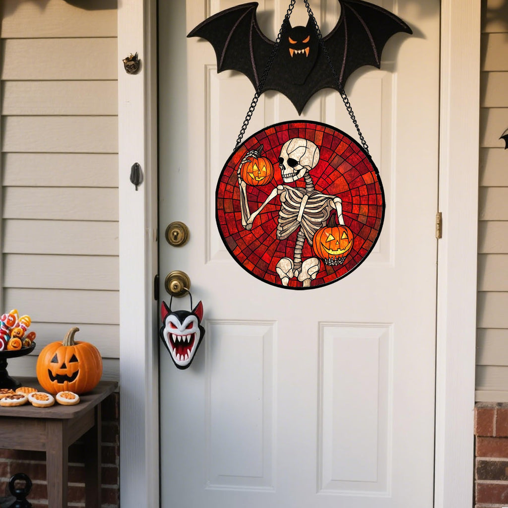 Skeleton with Pumpkins Stained Glass Window Hanging Suncatcher Gifts 6.3"