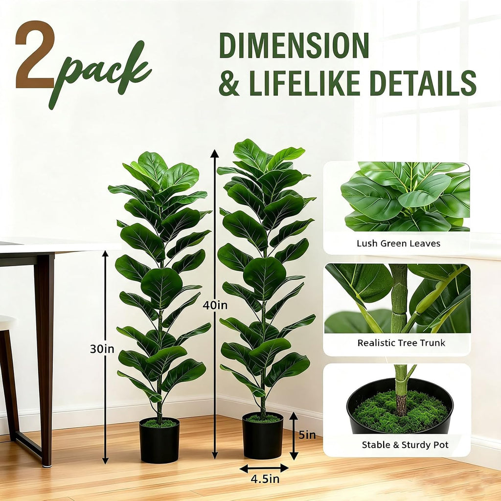 40'' Faux Fiddle Leaf Fig Trees, Faux Trees Indoor Floor Plant, Fake Trees with Green Turf, Faux Plants Indoor - Set of 2