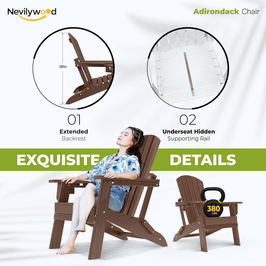 Folding Adirondack Chairs Set of 2, HDPE Cup Holders, Coffee | Patent pinless folding design, 380lbs, Extended