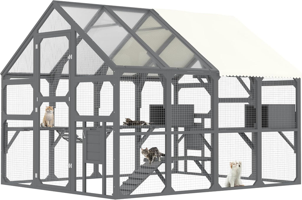 Large Outdoor Catio Cat Enclosure, 96 x 74 x 74 in Walk-in Pine Wood Cat House with 7 Platforms, 2 Resting Boxes