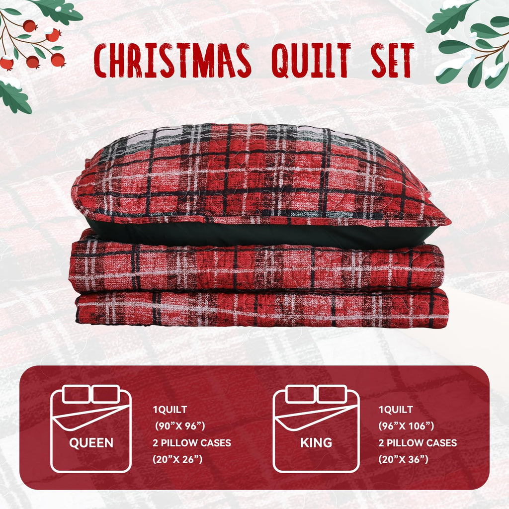 Christmas Quilt Set King Size, Red Plaid Christmas Bedding