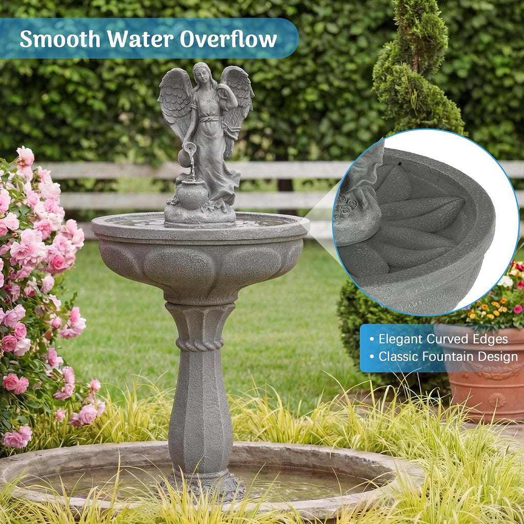 37" Outdoor Water Fountain, Angel Fountain with Pouring Water | Single-Tier Pedestal Water Feature, Resin &