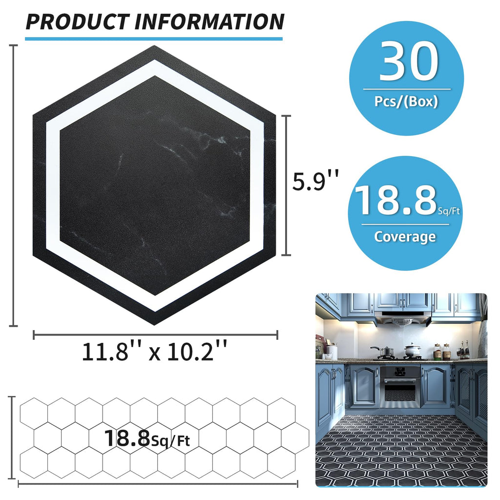 30-Pack Hexagon Peel and Stick Vinyl Floor Tiles, Black Marble