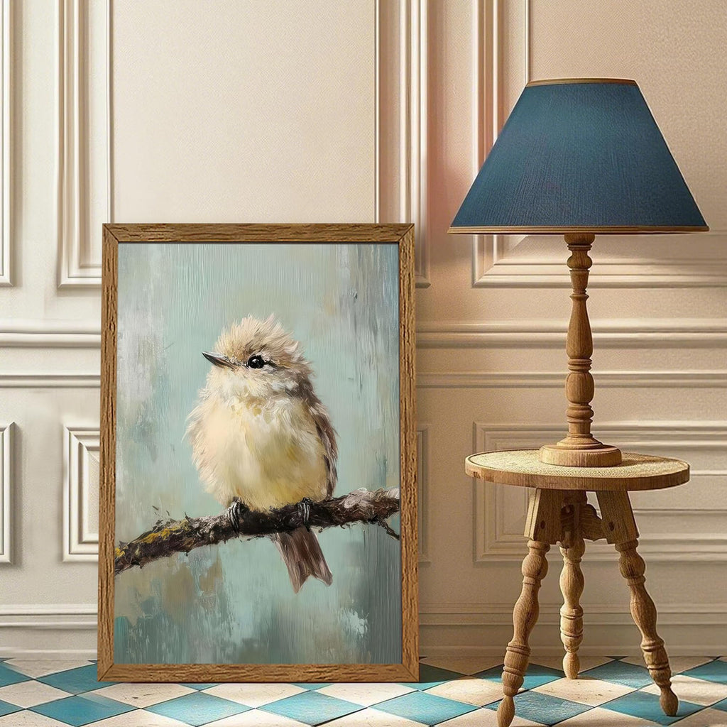 Cute Funny Fluffy Bird on Branch Wall Art Canvas Framed 20x30 inches