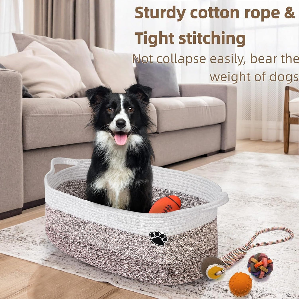 40L Extra Larg Dog Toy Basket, Woven Rope Storage Basket, White-Brown