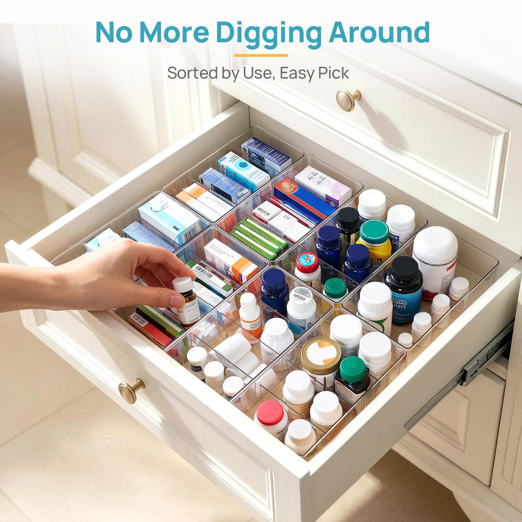 4 Pack Food Storage Organizer Bins, Clear Plastic, 4 Compartments