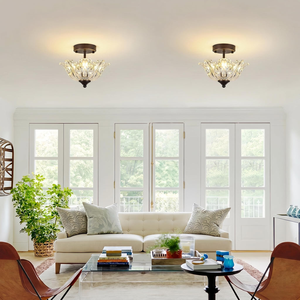 Semi Flush Mount Ceiling Light, Oil Rubbed Bronze Vintage Light fixtures with Floral Clear Glass Shade, Modern