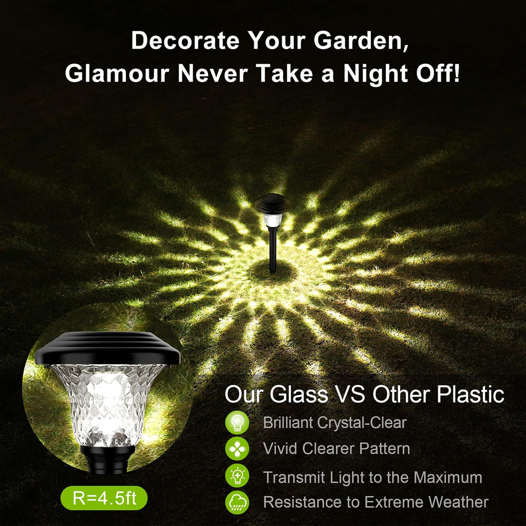 Glass Solar Lights Outdoor waterproof, 8 Pack Super Bright Solar Pathway Lights, Up to 12 Hrs Long Last Auto On/Off