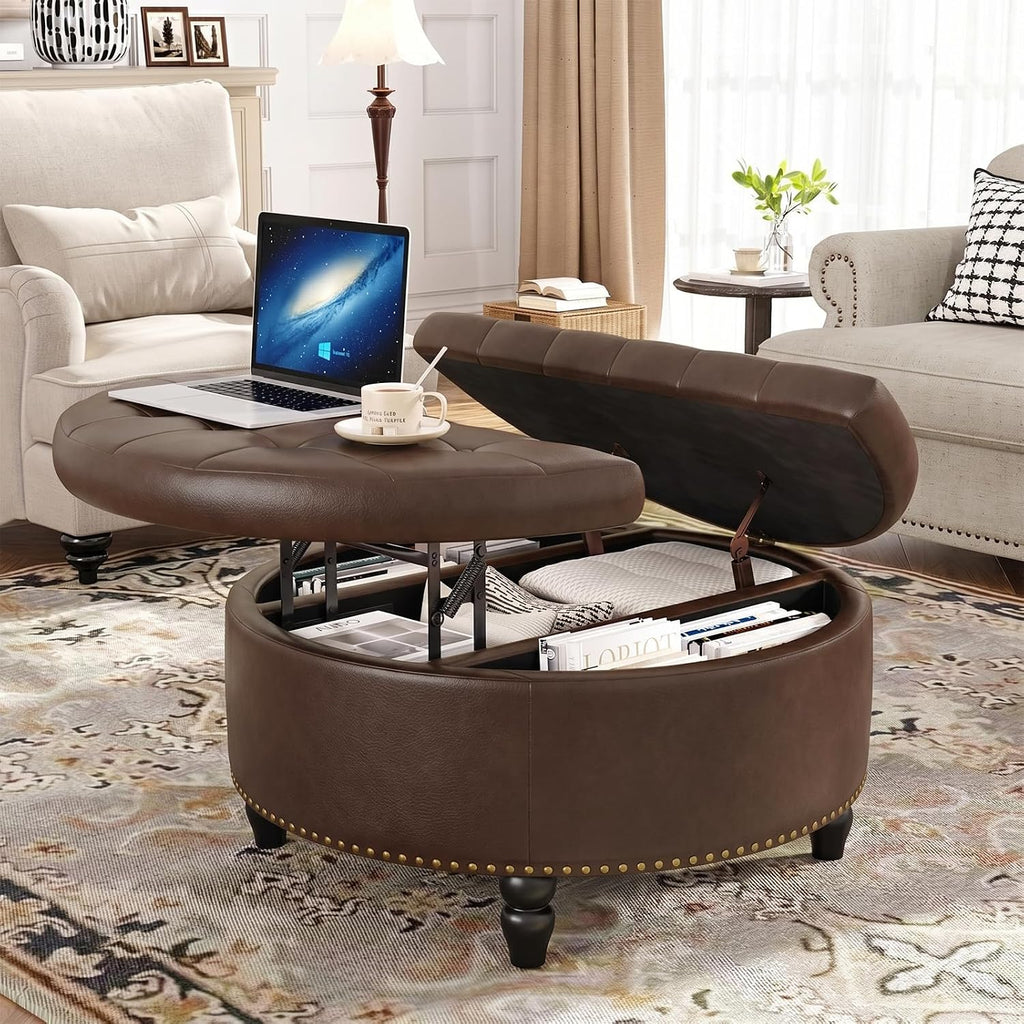 30 Inch Large Round Ottoman with Storage Circular,Chocolate | Leather Coffee Table with Lift Top,Modern Upholstered