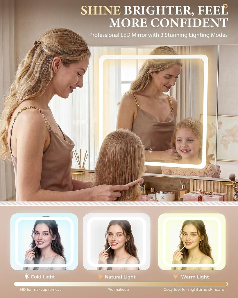 Vanity Desk with 3-Way Mirror and Lights, Makeup Vanity with 360° View Mirror, 3 Lighting Modes, 6 Drawers,Storage