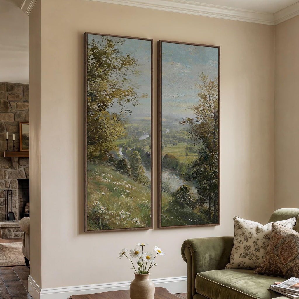 Large Framed Vertical Vintage Landscape Wall Art, 60x20 In