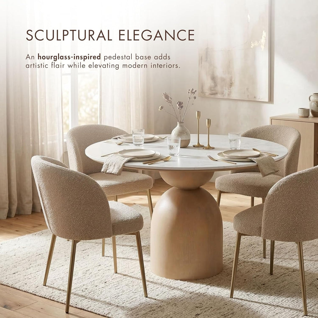 Sonya Modern Round Dining Table with Drum Base and Faux Marble Stone Top, Easy Assembly for Home, Kitchen and Living