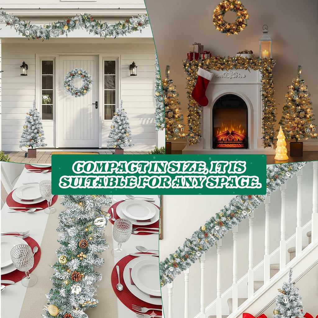 Pre-lit Holiday Christmas 4-Piece Set, Christmas Garland, Wreath and Set of 2 Entrance Trees with Remote Control