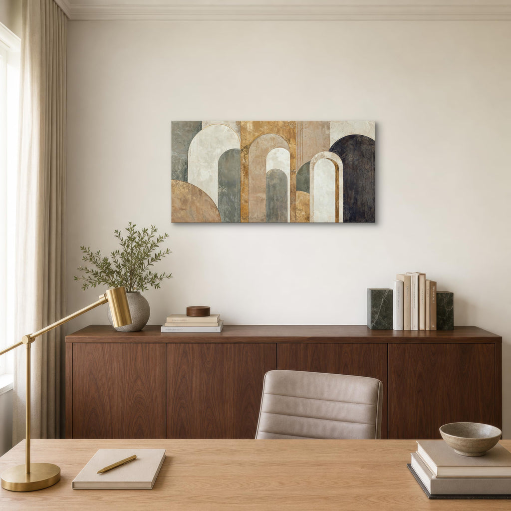 Neutral Abstract Canvas Wall Art, 40 x 20 Inch Geometric Arch Print in Beige, Sage and Muted Gold Tones, Horizontal