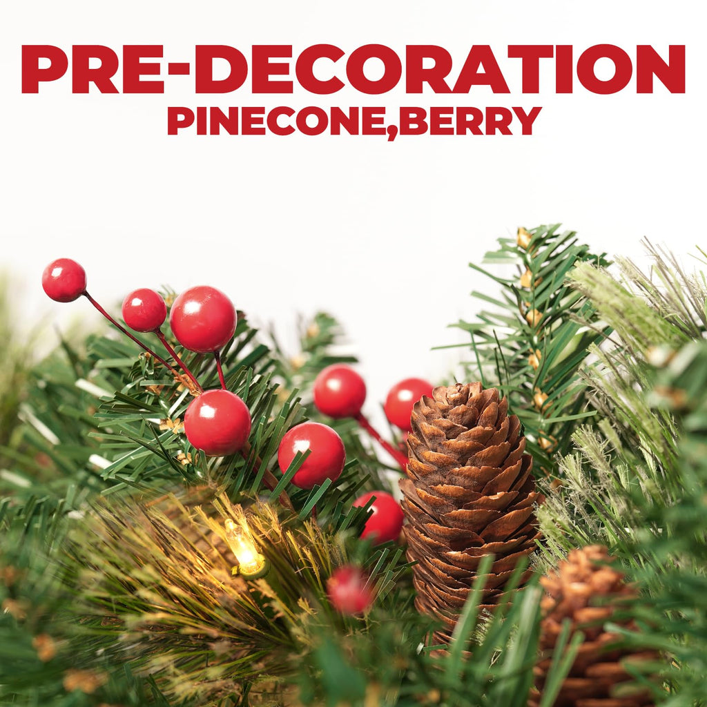 6 FT Prelit Pop Up with Lights, Artificial Decorated with Berries and Pine Cones, Tall Foldable Tree with Metal Base