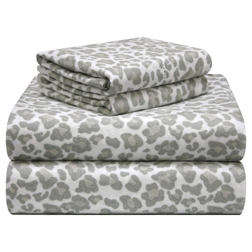 180 GSM Velvet Feel Luxury Cotton Printed Flannel Sheet Set, Cal King, Leopard