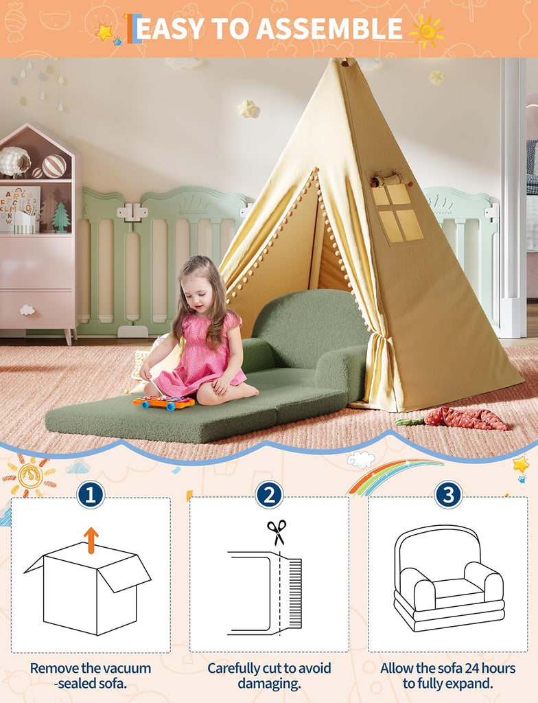 In-1 Convertible Kids Sofa Chair, Fold Out Toddler Couch for Reading and Napping, High-Density Foam Sherpa Toddler