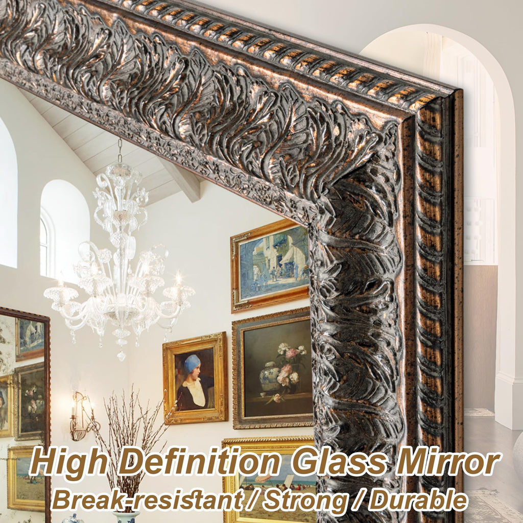 60" L x 31" W Large Full Length Mirror, Antique Bronze Decorative Mirror with Ornate Solid Wood Frame, Rectangular