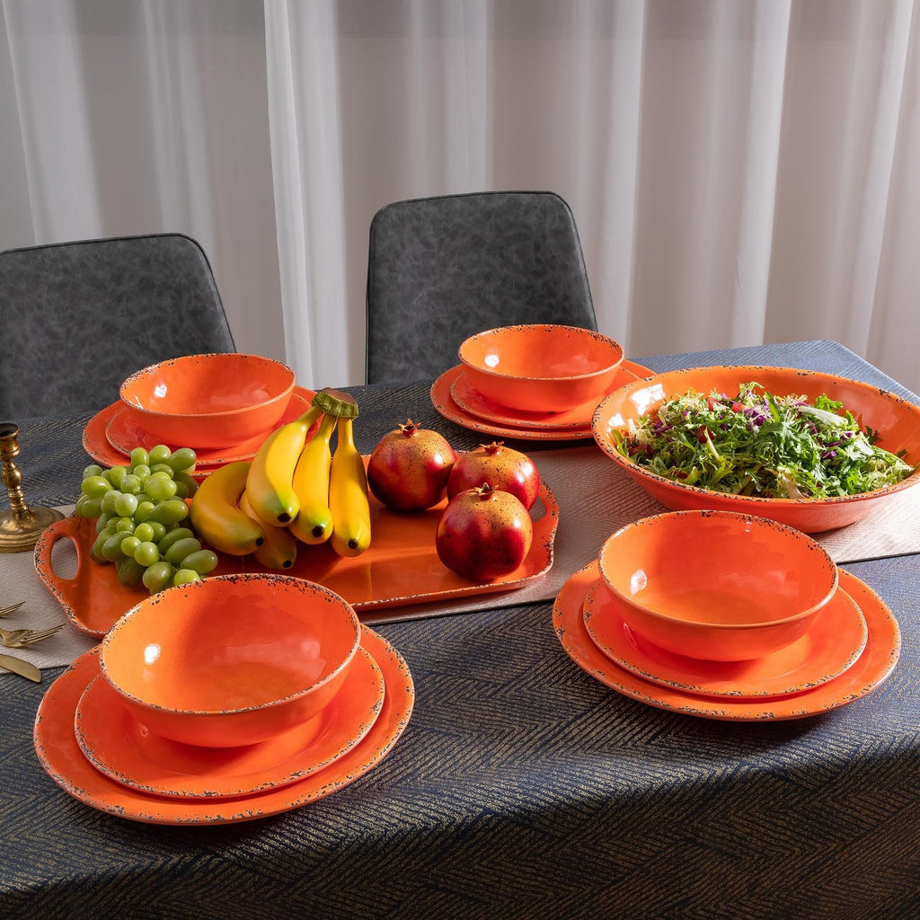 Fall Melamine Dishes Dinnerware Set, 12 Piece Service for 4, Orange