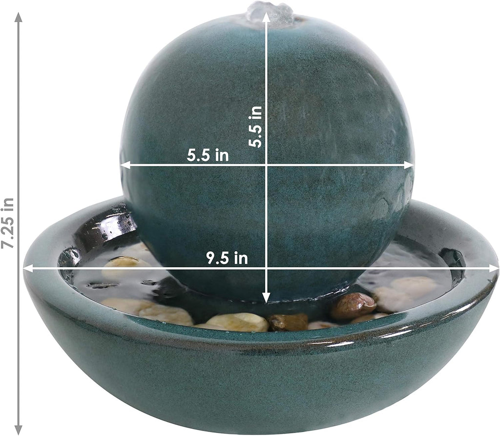 Tabletop Ceramic Tabletop Fountain with Orb - Relaxing Indoor Fountain for Meditation - Teal