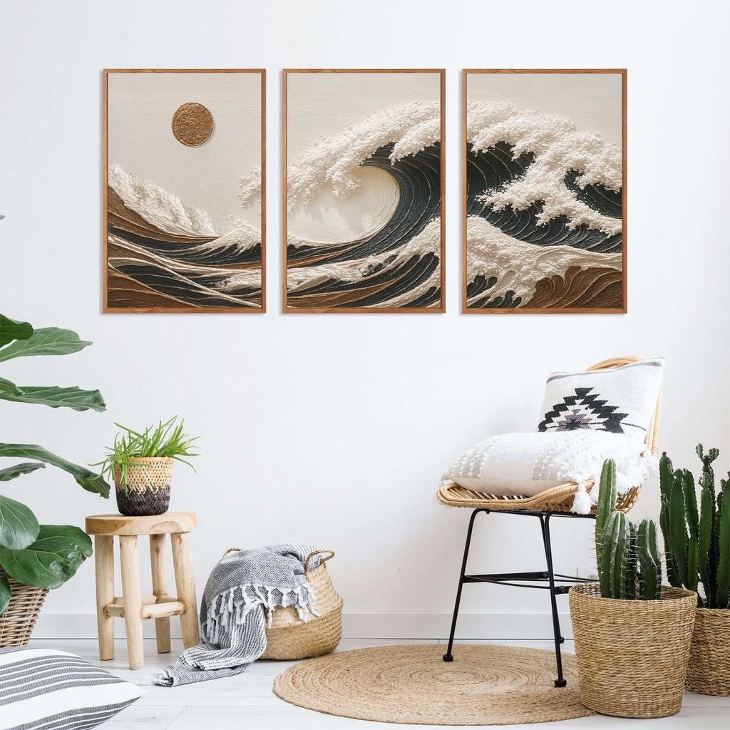 Great Wave Sunset Framed Canvas Wall Art, Abstract Sun Seascape Art Decor Set of 3(24"x36") Modern Ocean Beach Art