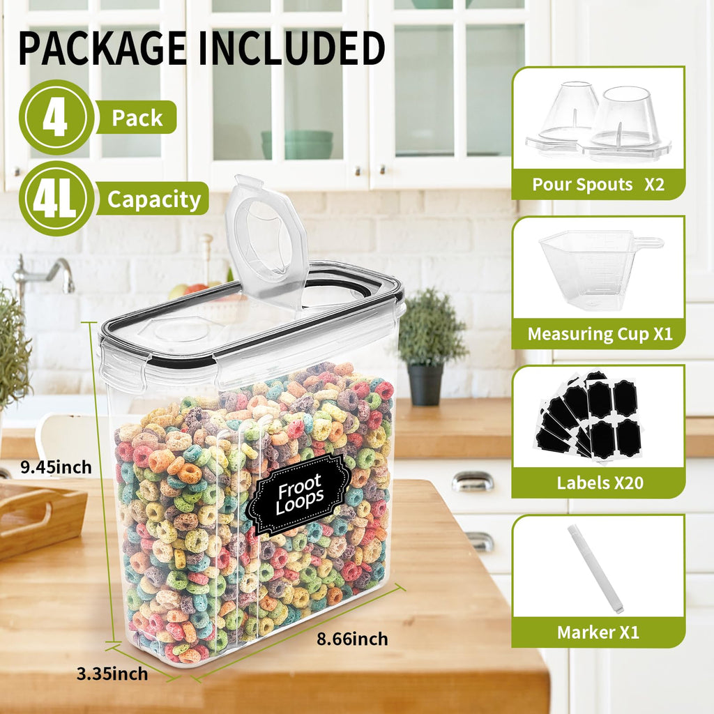 4PCS Cereal Containers Storage [4L/135.2 oz], Airtight Food Storage Containers with Pour Spout & Pantry Organization