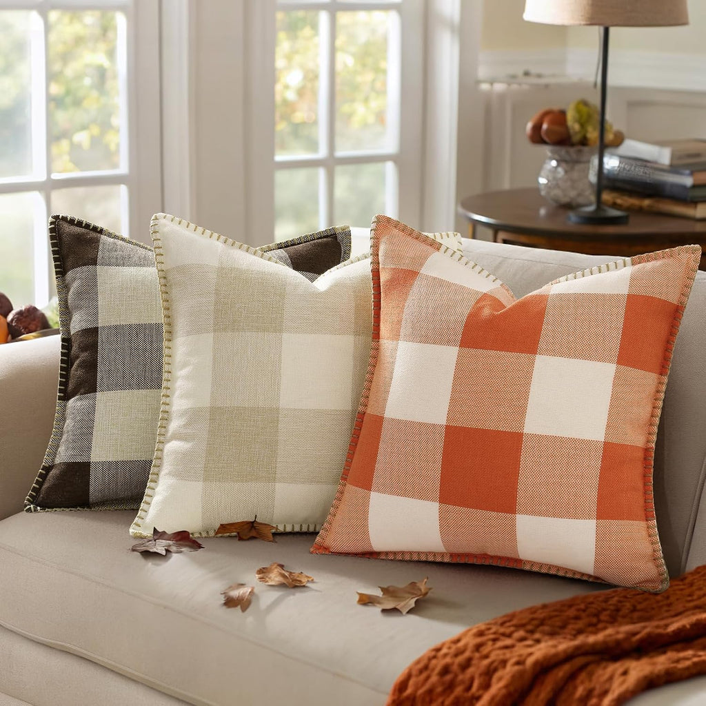 Summer Buffalo Plaid Check Throw Pillow Covers 18x18 Set of 2 Outdoor Linen Decorative Farmhouse Gingham Pillow