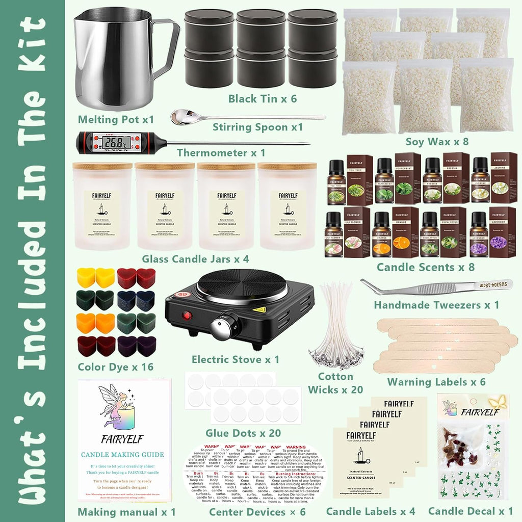 Soy Candle Making Kit for Adults & Hot Plate, DIY Starter Supplies | Includes Glass Jars, Tins, Scents, Soy Wax, 3D