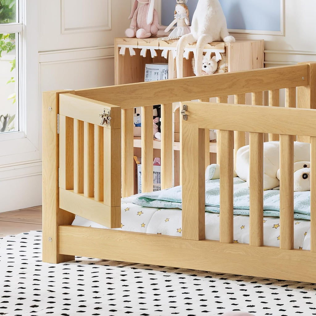 Montessori Floor Bed Frame with Slats and Fence for Kids, Natural
