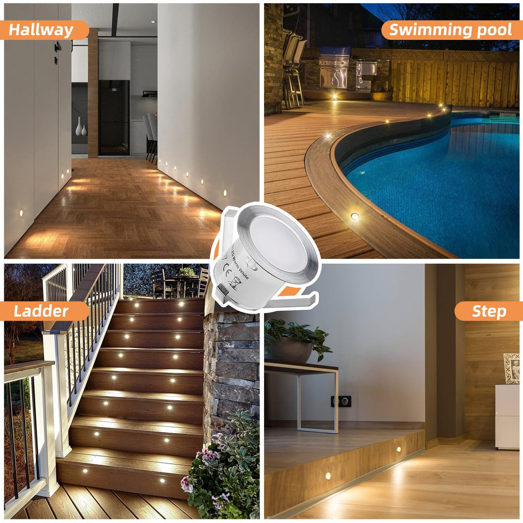 16 Pack Recessed LED Deck Light Kits with 12V Power Adapter, 32mm Warm White, IP67 Waterproof Low Voltage Deck