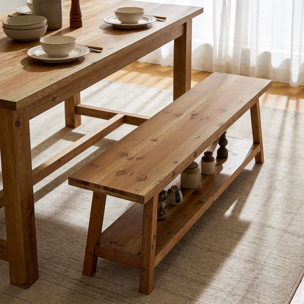 Solid Wood 63" End of Bed Bench with Storage Shelves, Rustic 62.99" L Foot of Bed Bench, Upholstered Seat & Open Shelf